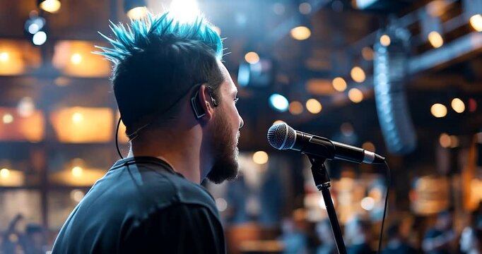 Male singer with blue mohawk performs on stage. Warm lighting, blurred background shows audience. Close-up shot