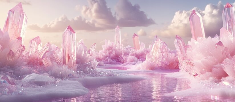 Pink crystal formations on a pastel-colored landscape