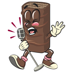 chocolate wafer cartoon mascot singing with great emotion, high-resolution isolated vector snack character illustration, perfect for dessert branding, or educational materials, work of hand drawn