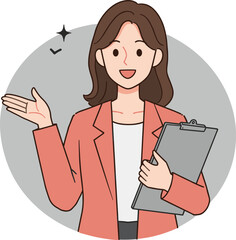 Professional woman presenting with clipboard in hand, confident female manager in business attire, smiling office worker illustration for presentation, education, or teamwork concept