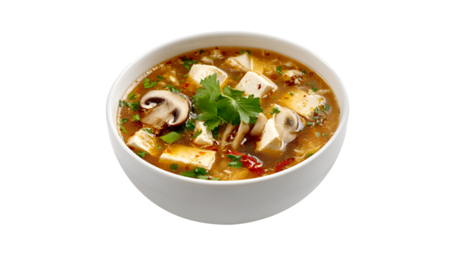 Delicious Tofu and Mushroom Soup in White Bowl