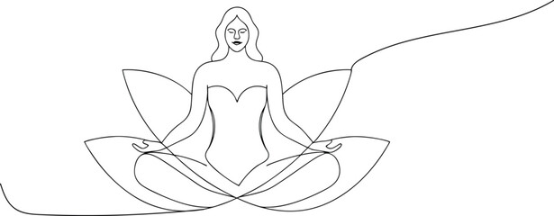 Serene Meditation: A minimalist line drawing of a woman meditating in lotus position, symbolizing peace, mindfulness, and spiritual connection, within the embrace of a lotus flower.