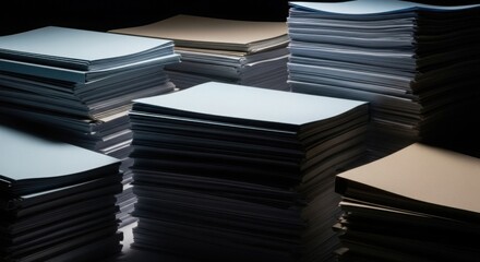 Stylized document piles and folders with shadows and minimal color coding