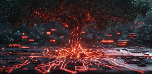 Digital tree of life, glowing red roots on a circuit board