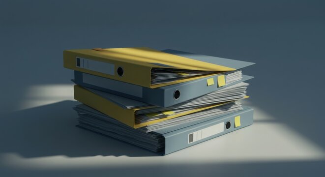 Stylized document piles and folders with shadows and minimal color coding