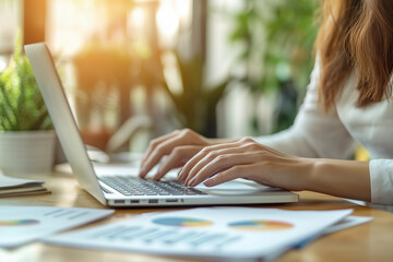 Female hands office manager typing on laptop. Closeup of businesswoman typing on laptop computer
