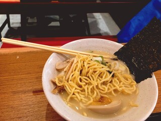 Delicious ramen or Japanese noodles filled with chicken, egg, and seaweed