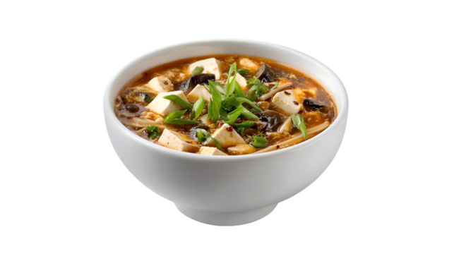 Hot and Sour Soup with Tofu and Mushrooms in a Bowl