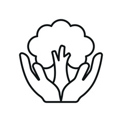 Minimal outline icon of hands holding a tree, perfect for environmental and charity themes.