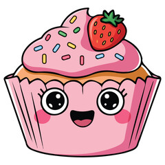 vector pink cupcake with cherry hand drawing isolated on white background