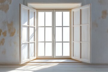 Open white wooden window shutters revealing glass window with soft natural light casting shadows on windowsill and textured wall