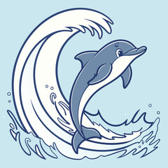 Cartoon dolphin leaping through ocean wave