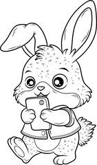 Black and white line art of a cute cartoon rabbit happily holding a smartphone. Great for tech themes, digital learning, or coloring books