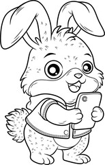 Black and white line art of a cute cartoon rabbit happily holding a smartphone. Great for tech themes, digital learning, or coloring books