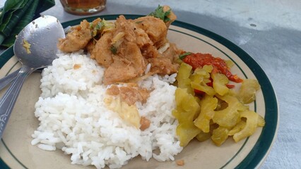 A flavorful Indonesian breakfast plate featuring steamed white rice, sautéed bitter melon (pare), stir-fried mixed vegetables (capcay goreng), and a side of spicy sambal chili sauce. A balanced meal w