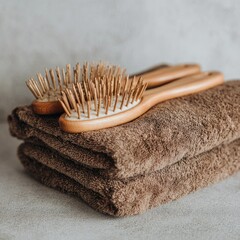 Two wooden hairbrushes rest atop a neatly stacked pile of brown towels on a light gray surface