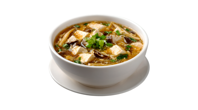 Hot and Sour Soup with Tofu and Mushrooms in a White Bowl