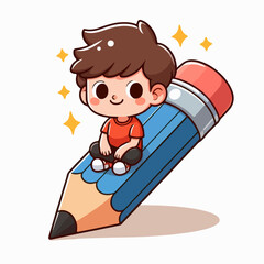 Naklejka premium cartoon vector illustration of a child sitting on a pencil
