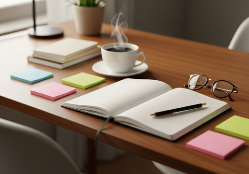Flat Lay of Office Desk with Notebook, Coffee, Glasses, and Sticky Notes &ndash; Cozy Workspace Setup for Productivity, Remote Work, Journaling, and Creative Planning Visuals