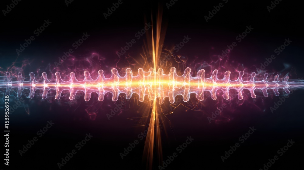 Poster stylized energy pulses flow along a dynamic spinal line in vibrant kinetic colors, showcasing an abs