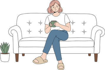 Relaxed woman sitting on couch, drinking hot beverage, casual home lifestyle, cozy moment indoors, calm atmosphere, comfortable outfit, peaceful expression, holding cup, minimalist decor