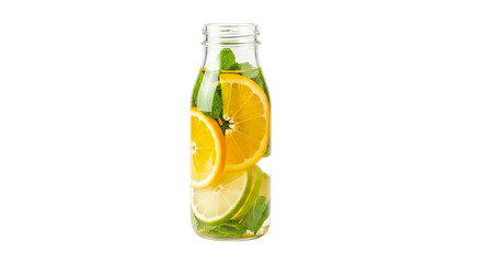 Refreshing citrus infused water in a clear glass bottle with orange, lime, and mint leaves.