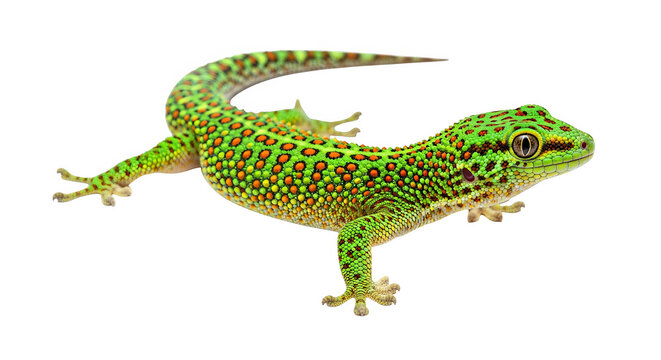 Vibrant gecko exhibiting detailed scales and vivid coloration stands against a graphic background.