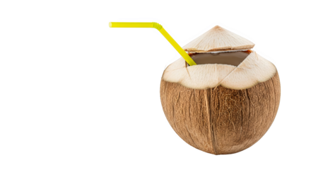 A refreshing coconut drink with a yellow straw is set to represent tropical refreshment concept.