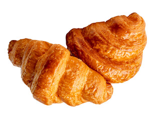 Side view of two brown or golden loaves of croissants in stack or heap isolated with clipping path in png file format