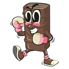 chocolate wafer cartoon mascot practicing boxing wearing boxing glove, high-resolution isolated vector snack character illustration, perfect for dessert branding, work of hand drawn
