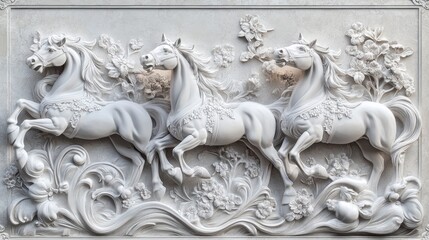 Intricate white marble relief carving of three galloping horses amidst floral designs.
