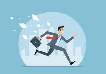 Businessman running late, city background, holding briefcase, paper flying, deadline pressure, office stress, corporate rush, fast career, urban hurry, urgent meeting, morning commute