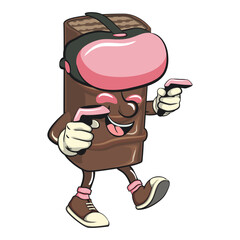chocolate wafer cartoon mascot entering virtual reality with technology, high-resolution isolated vector snack character illustration, perfect for dessert branding, work of hand drawn