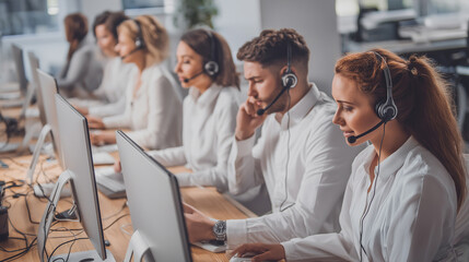 A group of diverse call center operators in white shirts and headsets are diligently working at their desks, providing customer support in a modern office environment.
