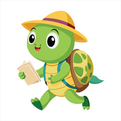 Cute Cartoon Turtle Character with Hat and Backpack Reading a Map