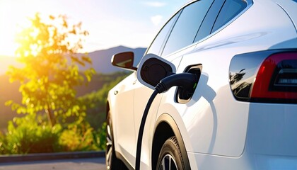 Electric Vehicle Charging in Nature with EV Plug Connected to White Car at Forest Road