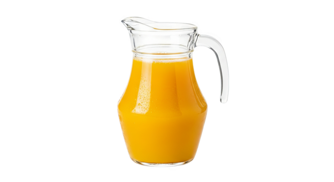 A refreshing and bright clear glass pitcher is filled with fresh orange juice on display now.
