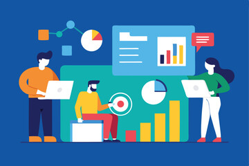 Business team analyzing data on laptops with charts and data visualization