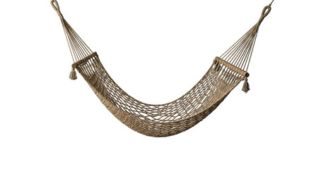 Woven hammock of natural fibers with wooden bars, conveying a sense of relaxation and comfort.