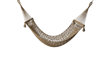 Woven hammock of natural fibers with wooden bars, conveying a sense of relaxation and comfort.