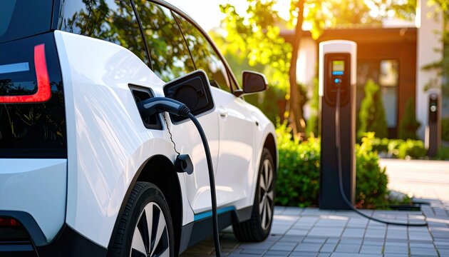 Electric Vehicle Charging in Nature with EV Plug Connected to White Car at Forest Road