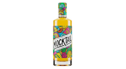 An illustrative bottle of mocktail with vibrant and colorful designs on a dark studio backdrop.