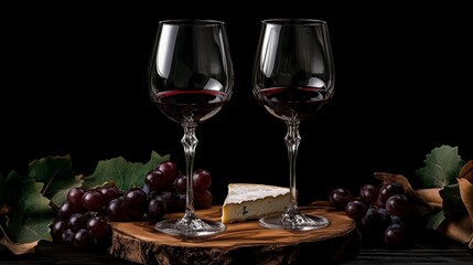 Two glasses of red wine, blue cheese wedge, and grapes on a wooden board against a black background.
