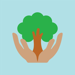 Colorful icon of tree growing from hands for green campaigns and environmental care.