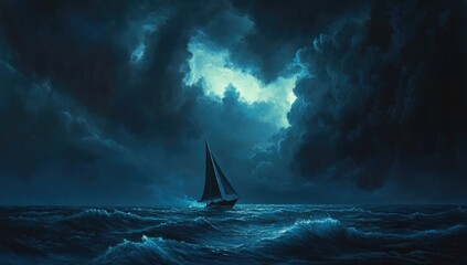 A lone sailboat navigates a stormy, moonlit sea