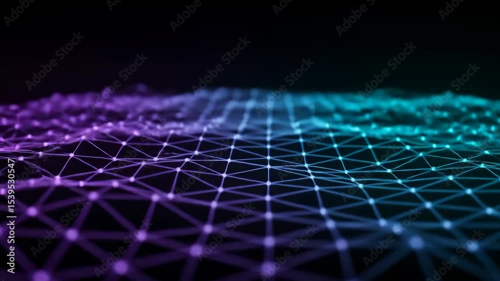 Leinwandbilder Abstract technological background polygonal network with dots and lines. Futuristic surface wave moves towards the viewer, zoom. Digital big data concept for internet, data connection.