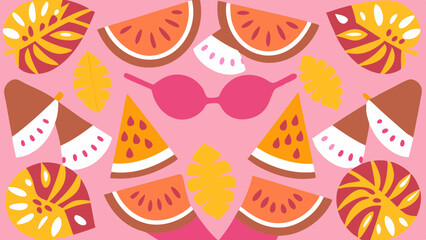 A whimsical and relaxed beach scene, featuring a variety of summer elements like a surfboard, palm tree, beach ball, sunglasses, and umbrella Summer Icons  and Summer Accessories