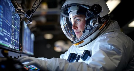Close-up view of an astronaut in a white spacesuit, intensely focused on a computer screen filled with data. The low-light setting creates a dramatic atmosphere - Powered by Adobe