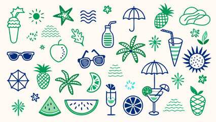 A whimsical and relaxed beach scene, featuring a variety of summer elements like a surfboard, palm tree, beach ball, sunglasses, and umbrella Summer Icons  and Summer Accessories