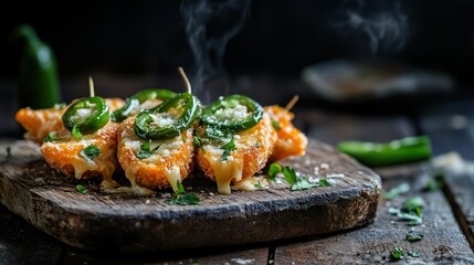 Spicy indulgence: Crispy jalape?o poppers with melted cheese on rustic wood